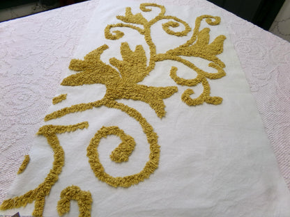 Vintage Gold & White Chenille Fabric: Sophisticated Scroll Design Modern Style Textile Craft Quilting Material, 17" x 27" Piece