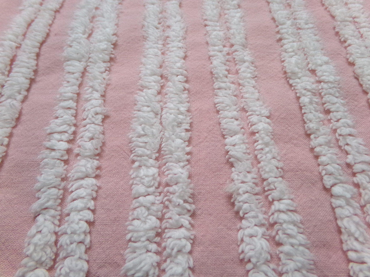Pink White Double Stripe Vintage Chenille Bedspread Fabric Cottage Chic 14x24" Piece