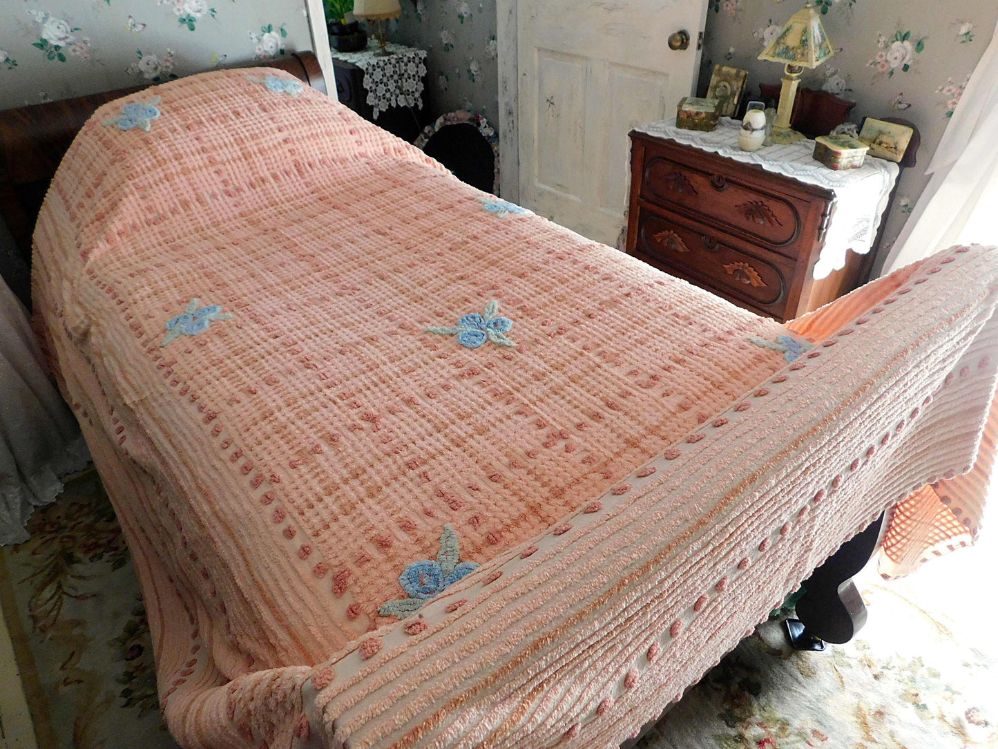 cozy plush plaid vintage chenille bedspread, blue roses on peach geometric design, full size cotton bedding