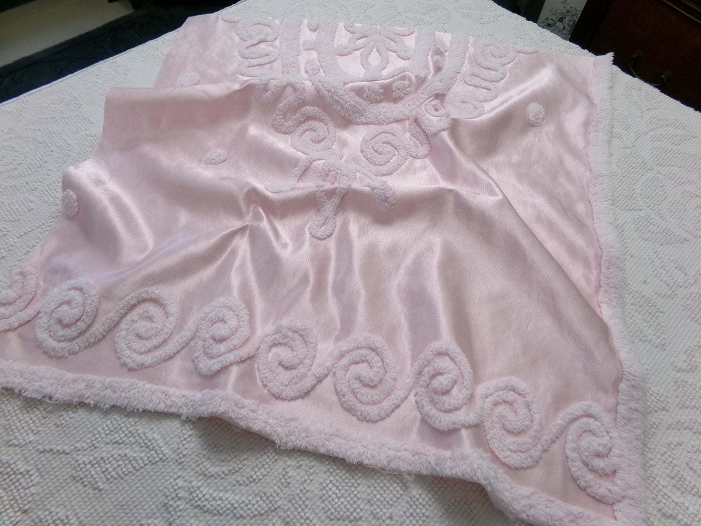 Vintage Pink Satin Chenille Fabric, Shabby Chic Sewing Material 23" x 22" Piece