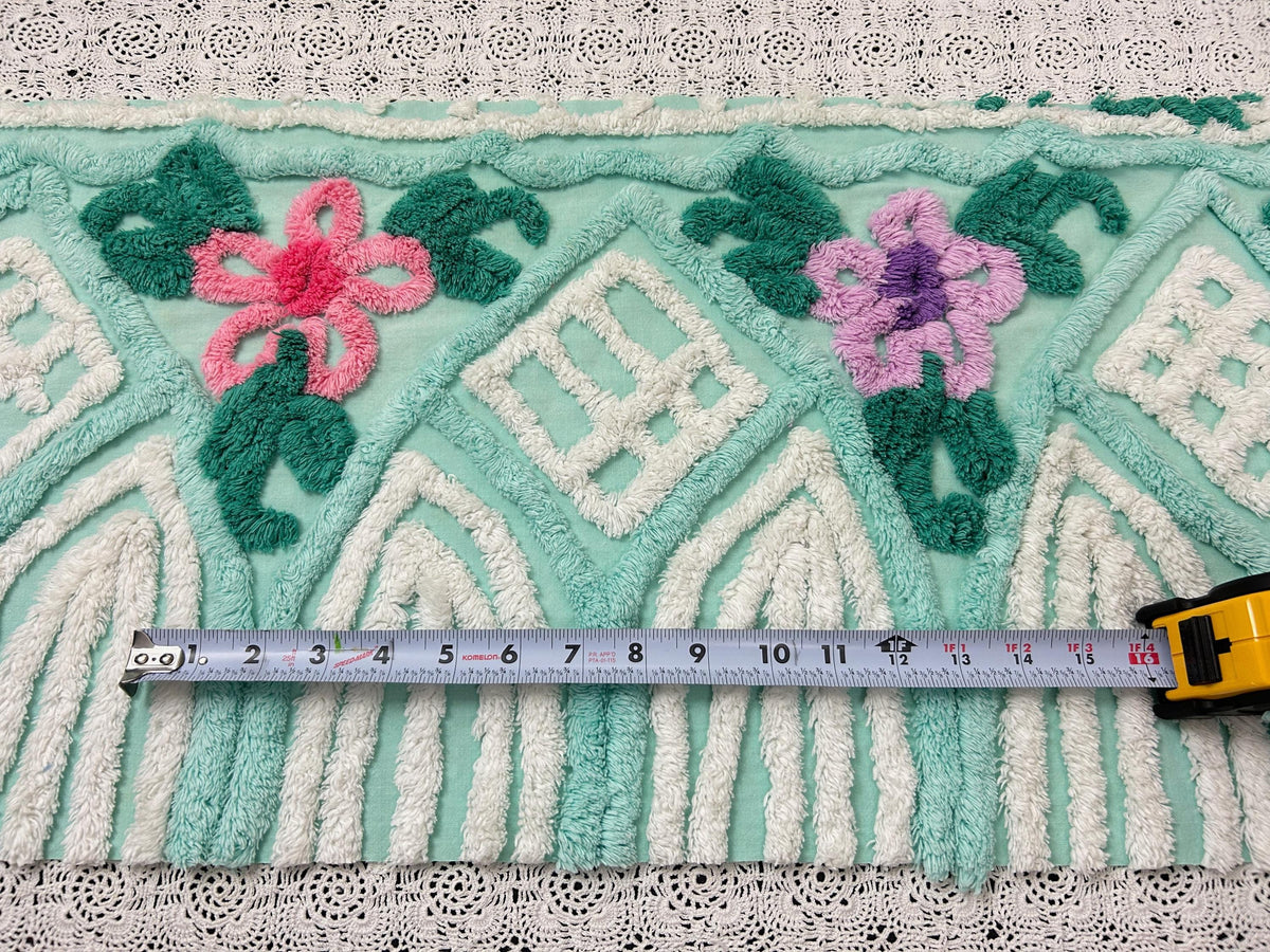 Seafoam Green Vintage Chenille Fabric, Plush Tropical Flowers 13x34" Piece