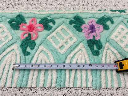 Seafoam Green Vintage Chenille Fabric, Plush Tropical Flowers 13x34" Piece