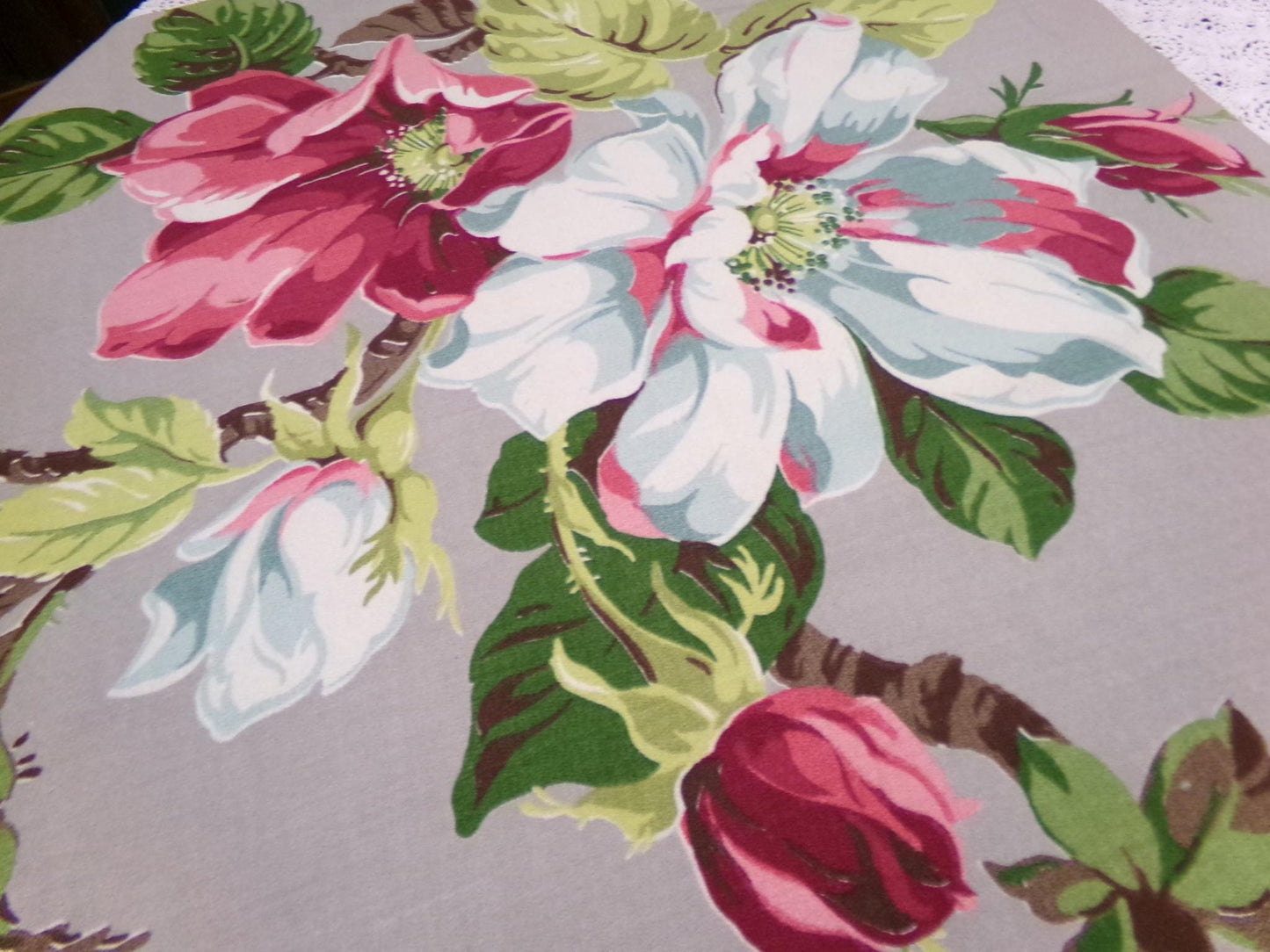 Vintage Barkcloth Fabric 1940s Pink Aqua Magnolia Floral Gray Mid-Century, 21" x 33"