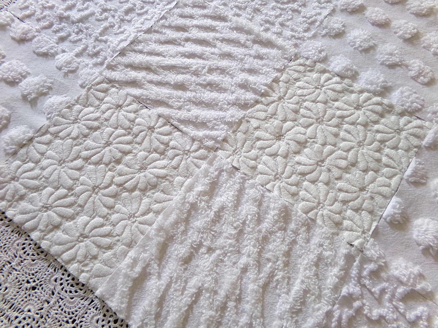 Daisies in Snow Chenille Fabric Squares, Set of 16 Quilt Blocks, 6" each in Shades of White, Great Neutral Textures