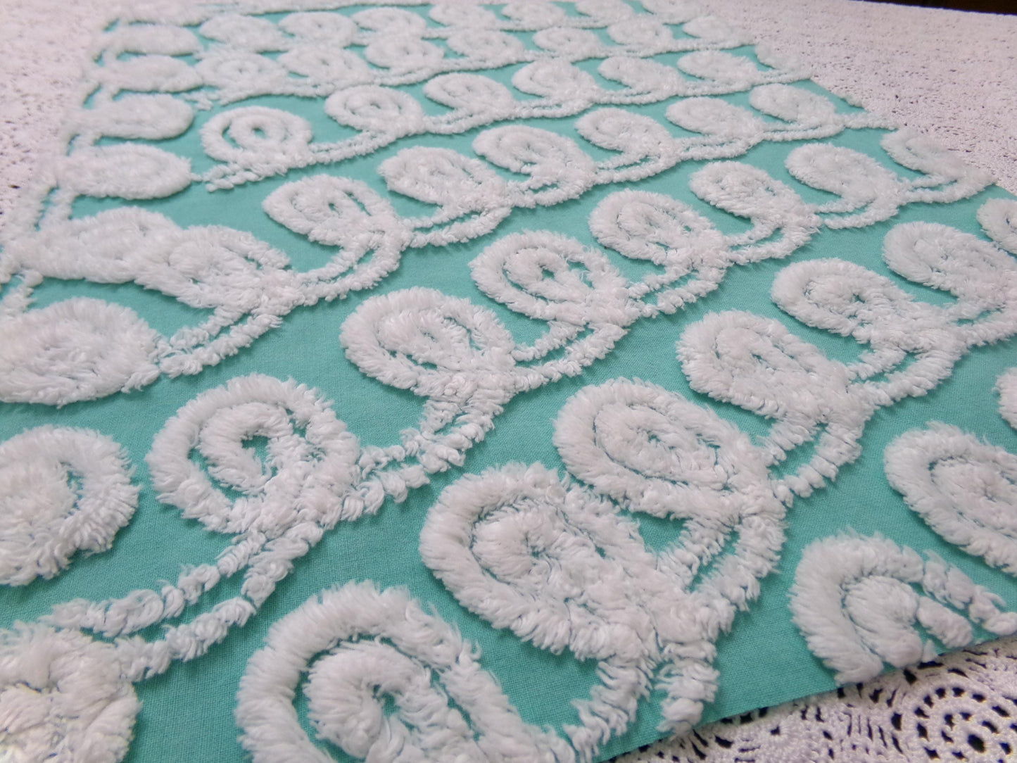 Soothing White Curly Loops Jade Vintage Chenille Bedspread Fabric 15" x 19" Piece