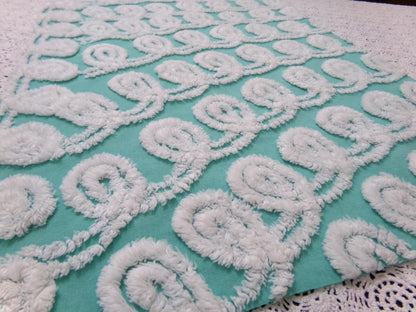 Soothing White Curly Loops Jade Vintage Chenille Bedspread Fabric 15" x 19" Piece