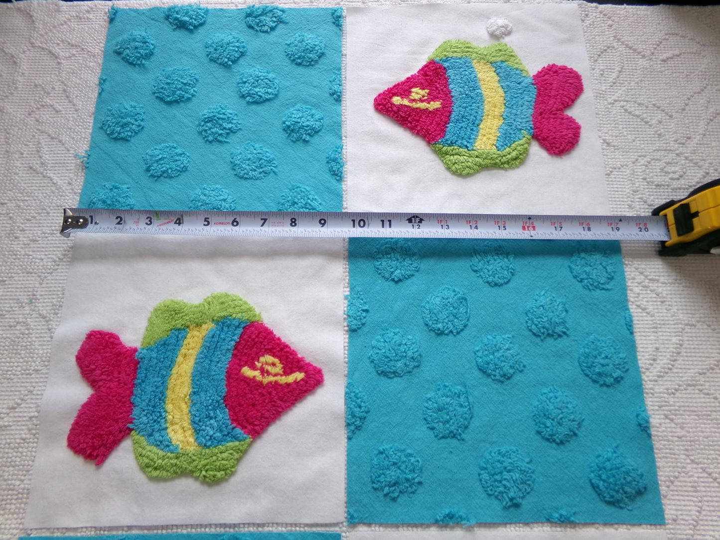 fish fiesta chenille fabric squares, set of 6 large 9.5" square quilt blocks, colorful fishies & bright coin dots