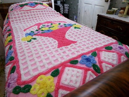plush cupcake frosting vintage chenille bedspread, pink flower basket w/ cathedral stripes, girly cottage full size luxury cotton bedding