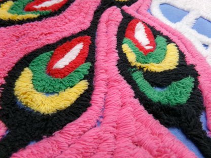 Exotic Artsy Vintage Chenille Bedspread Fabric Piece Pink Peacock Feathers, 19" x 24"