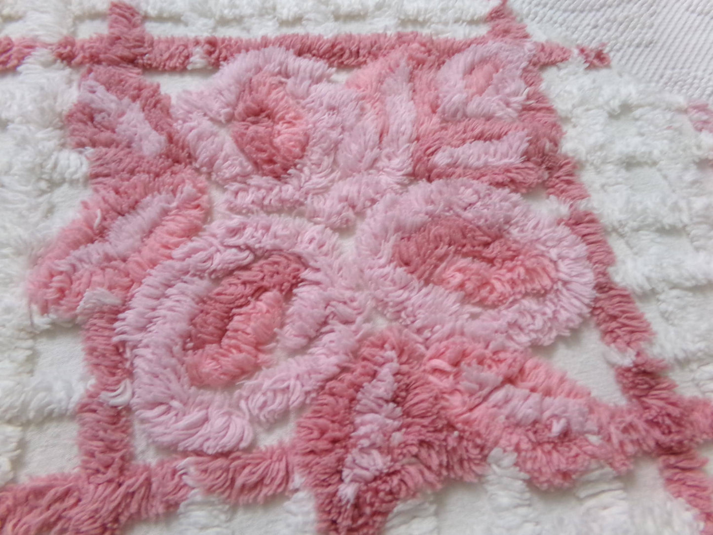 white & pink rose vintage chenille bedspread fabric, cottage chic quilt material, 18" x 25" piece
