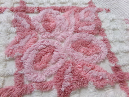white & pink rose vintage chenille bedspread fabric, cottage chic quilt material, 18" x 25" piece