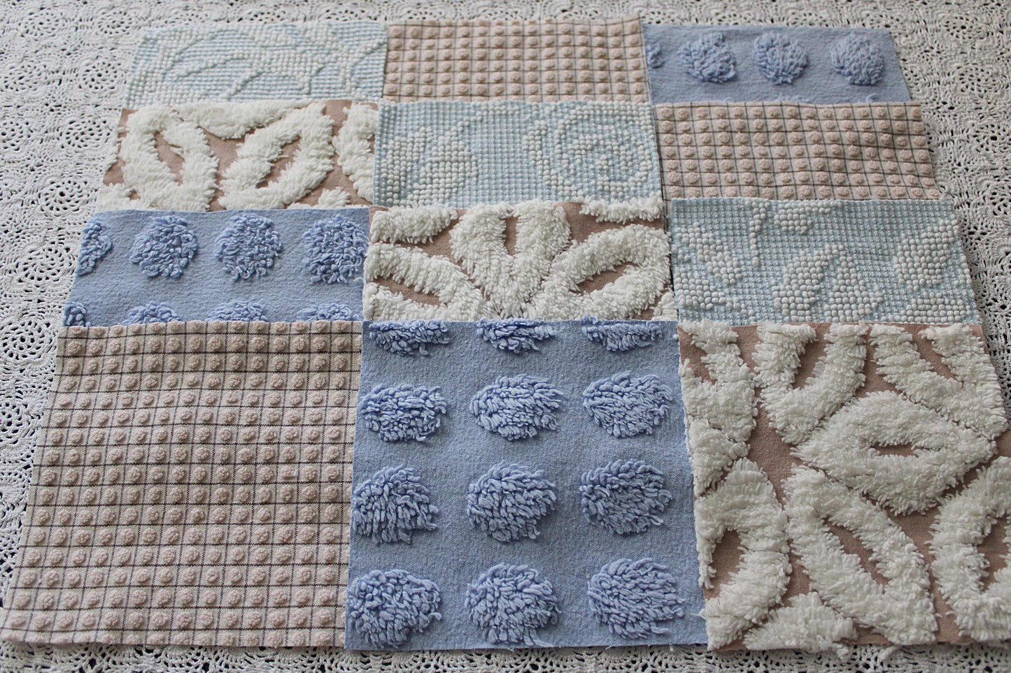 sky & sand vintage chenille fabric squares, set of 16 quilt blocks 6" each, modern dot, hobnail, geometric in blue, white, sand