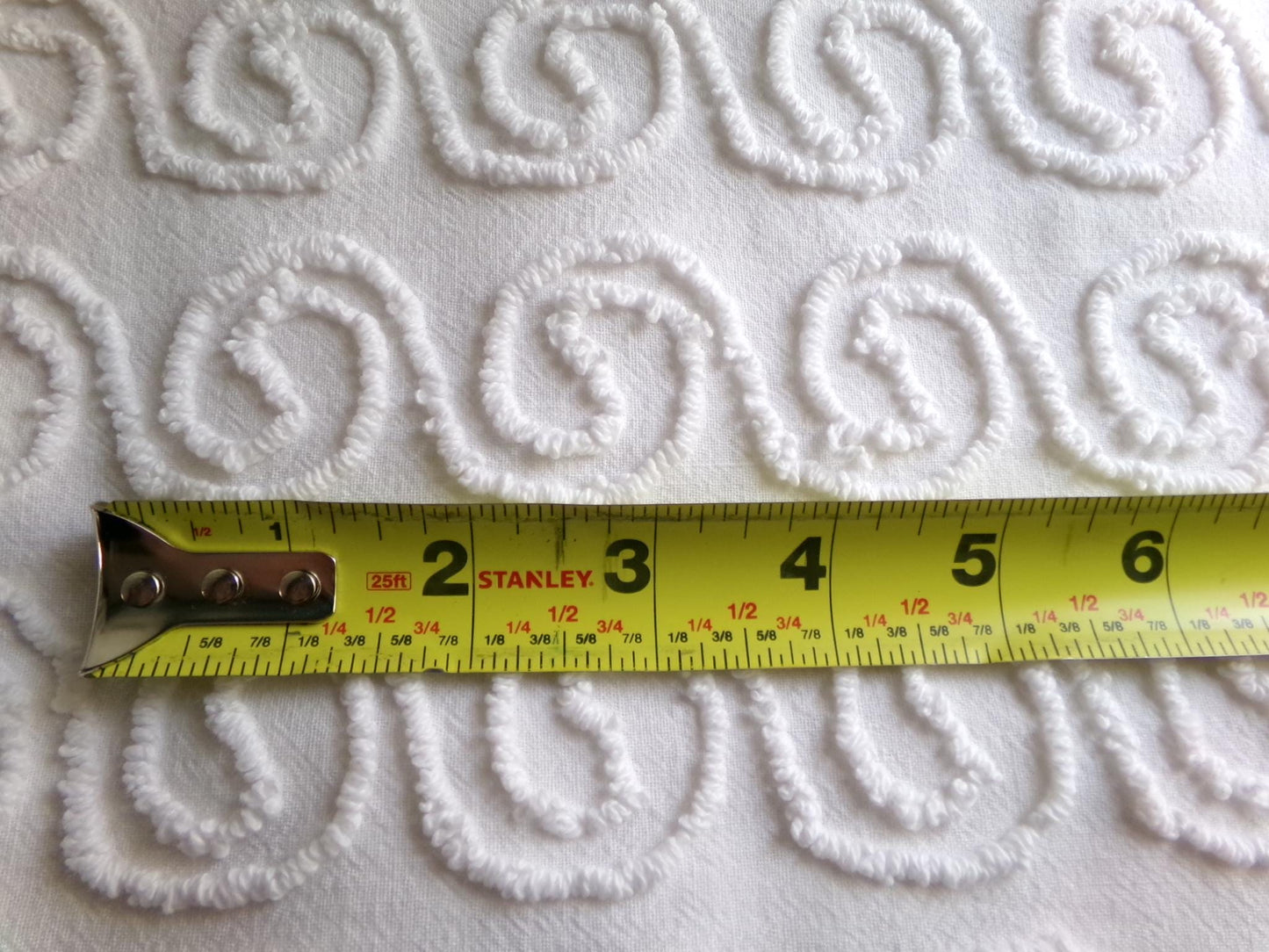spiral curl squiggles vintage chenille fabric, ultra lightweight white cotton sewing material with great texture, 20" x 24" inch piece