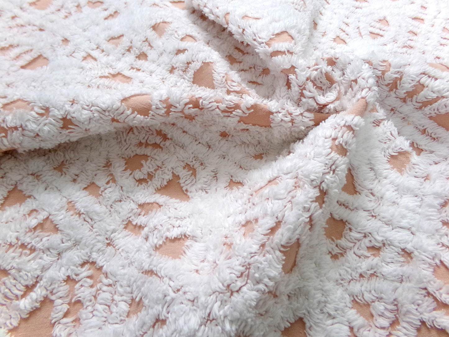 Cozy Peach & White Vintage Chenille Bedspread Fabric, Plush Geometric Quilt Material 18" x 24"