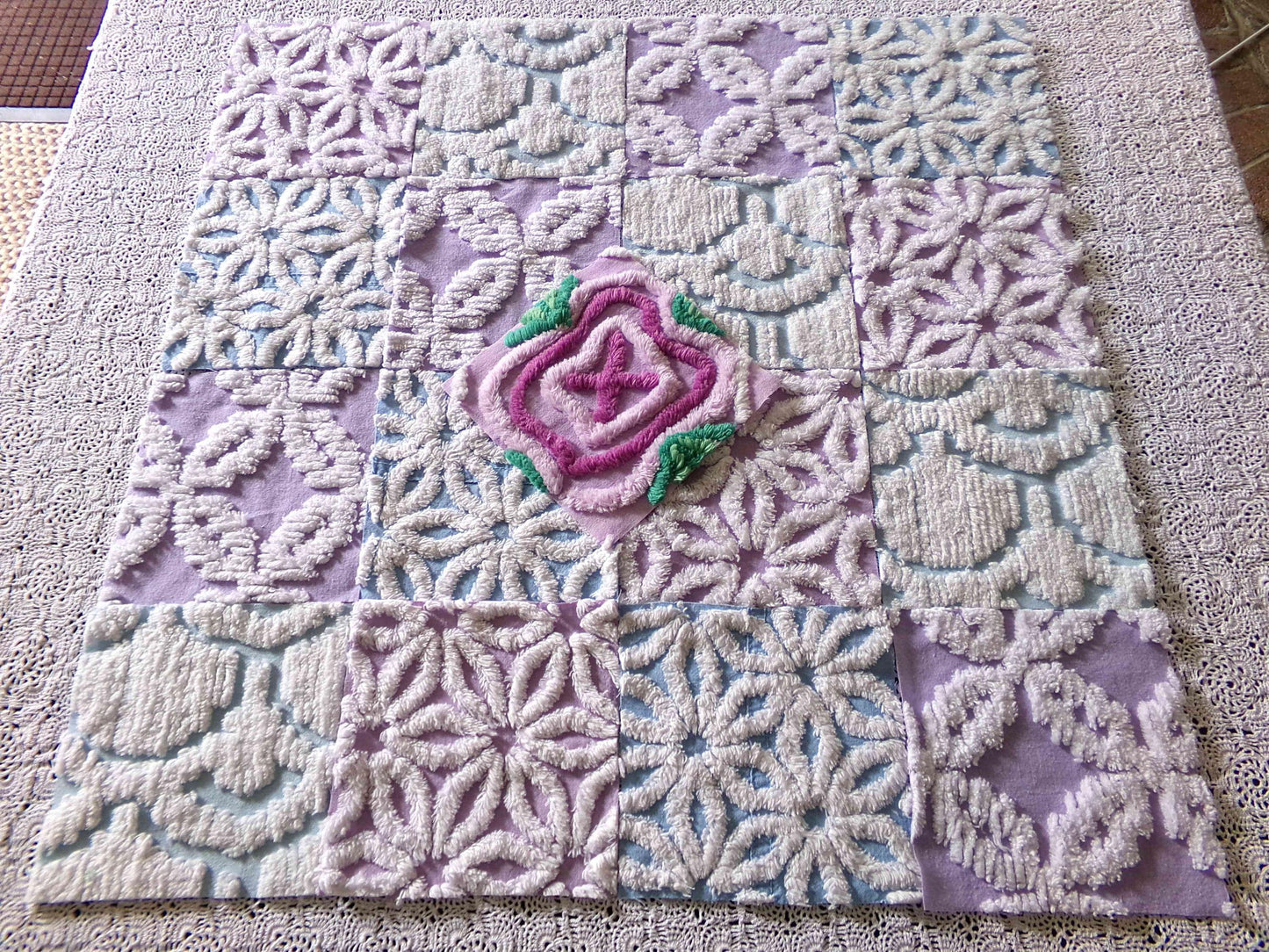 serene chenille fabric squares, dreamy blue, lilac & white, 17 vintage quilt blocks 6" x 6" inch, for pillows, quilting, crafts
