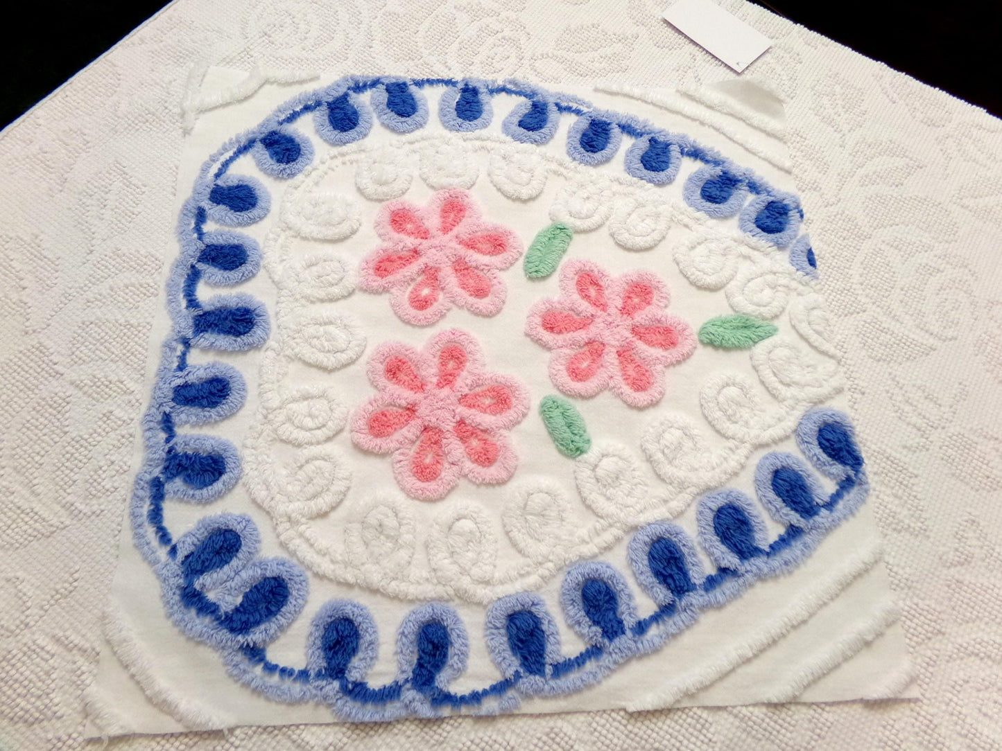 Sweetheart Floral Vintage Chenille Fabric, Pink & Blue Sewing Material 17.5" x 17" Piece