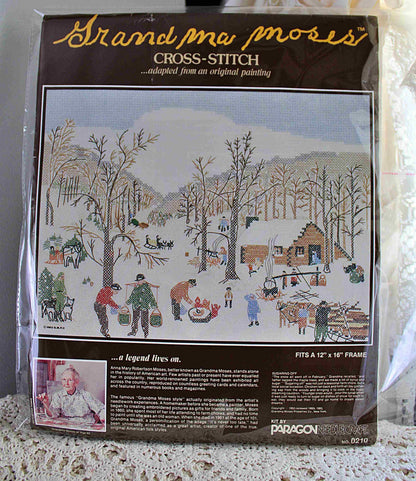 SUGARING OFF Cross Stitch Stitchery Kit, Vintage Grandma Moses Design, Paragon Needlecraft Embroidery 0210 from 1983