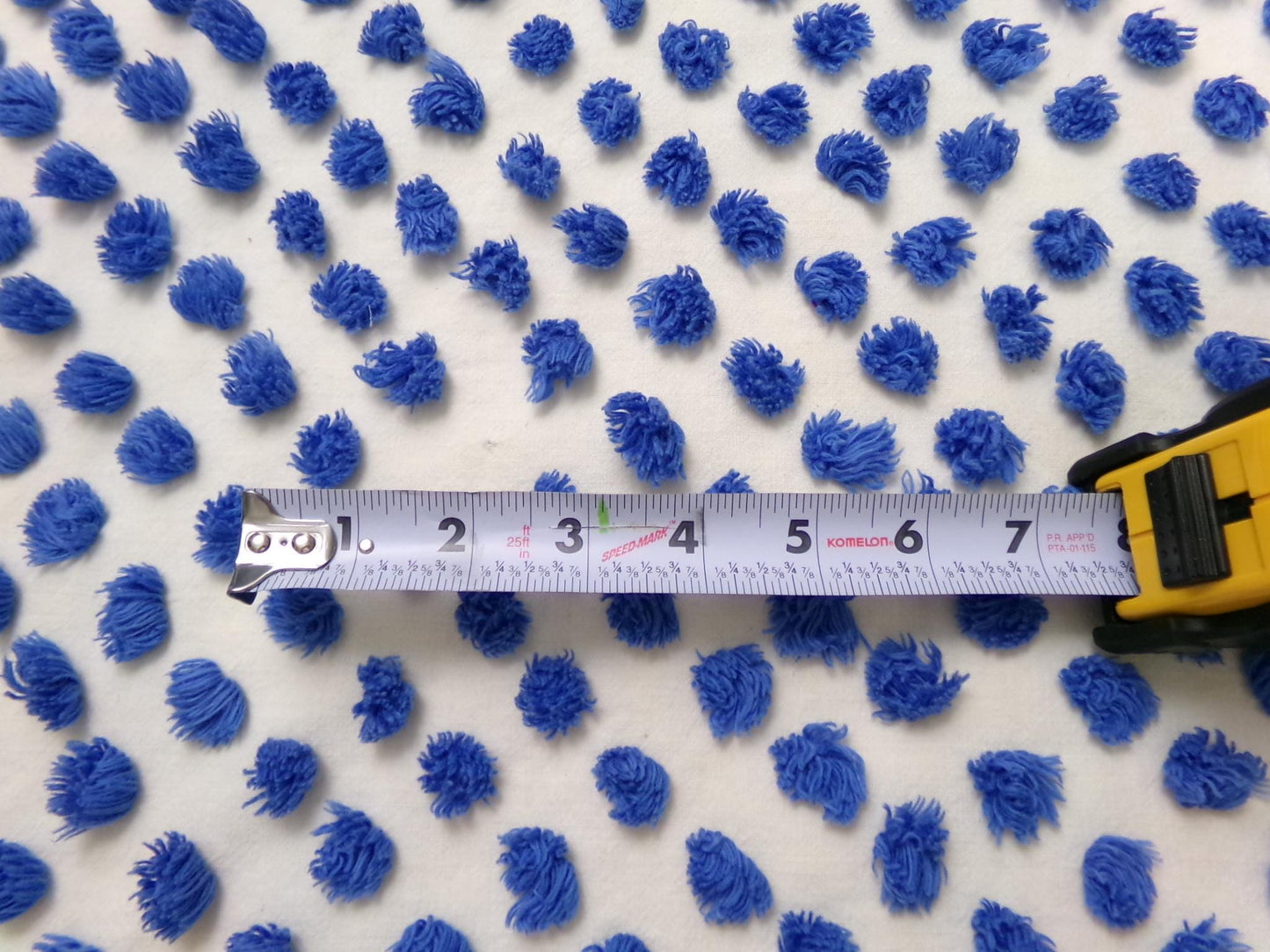 royal blue pops vintage chenille bedspread fabric handtufted white cotton 20x24"
