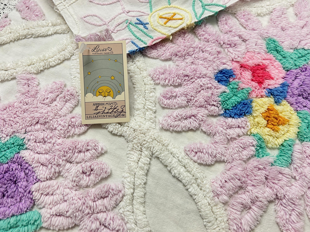Vintage Chenille Fabric, Lavender Pink Floral Tufted 18x26" Craft Piece