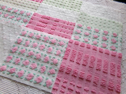 fairy girl pinks chenille fabric squares, set of 12 vintage 6" quilt blocks in crafty girl's dozen, popular squiggles, rosebud, dots