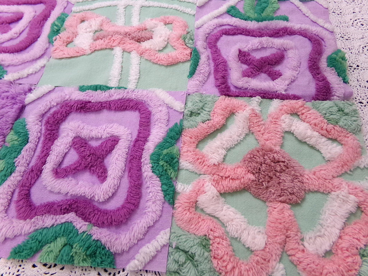 fabulous flowers vintage chenille fabric squares, set of 16 lavender green quilt blocks 6" ea