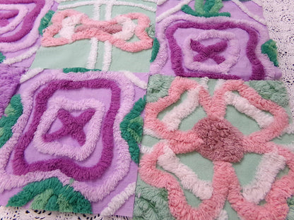 fabulous flowers vintage chenille fabric squares, set of 16 lavender green quilt blocks 6" ea