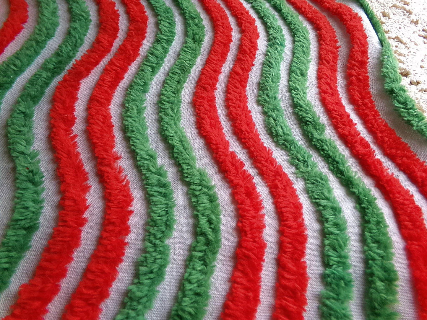 red & green ripple striped chenille fabric, festive vintage sewing material for Christmas stockings, holiday crafts, 15" x 28" inch piece
