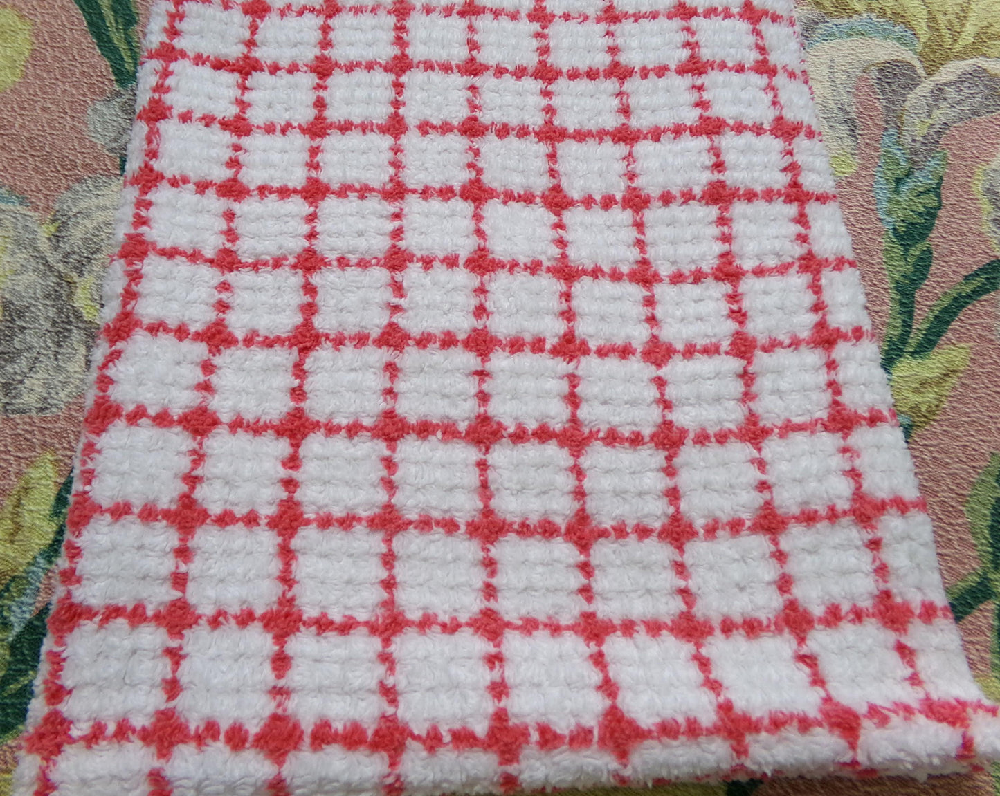 vintage chenille bedspread fabric, small red & white plaid pattern, 19" x 24" cut piece for xmas stockings, Christmas quilts