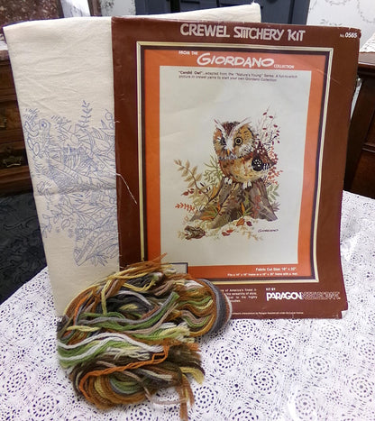 CANDID OWL Crewel Embroidery Kit Vintage Paragon 0565 Giordano Boho Forest Woodland
