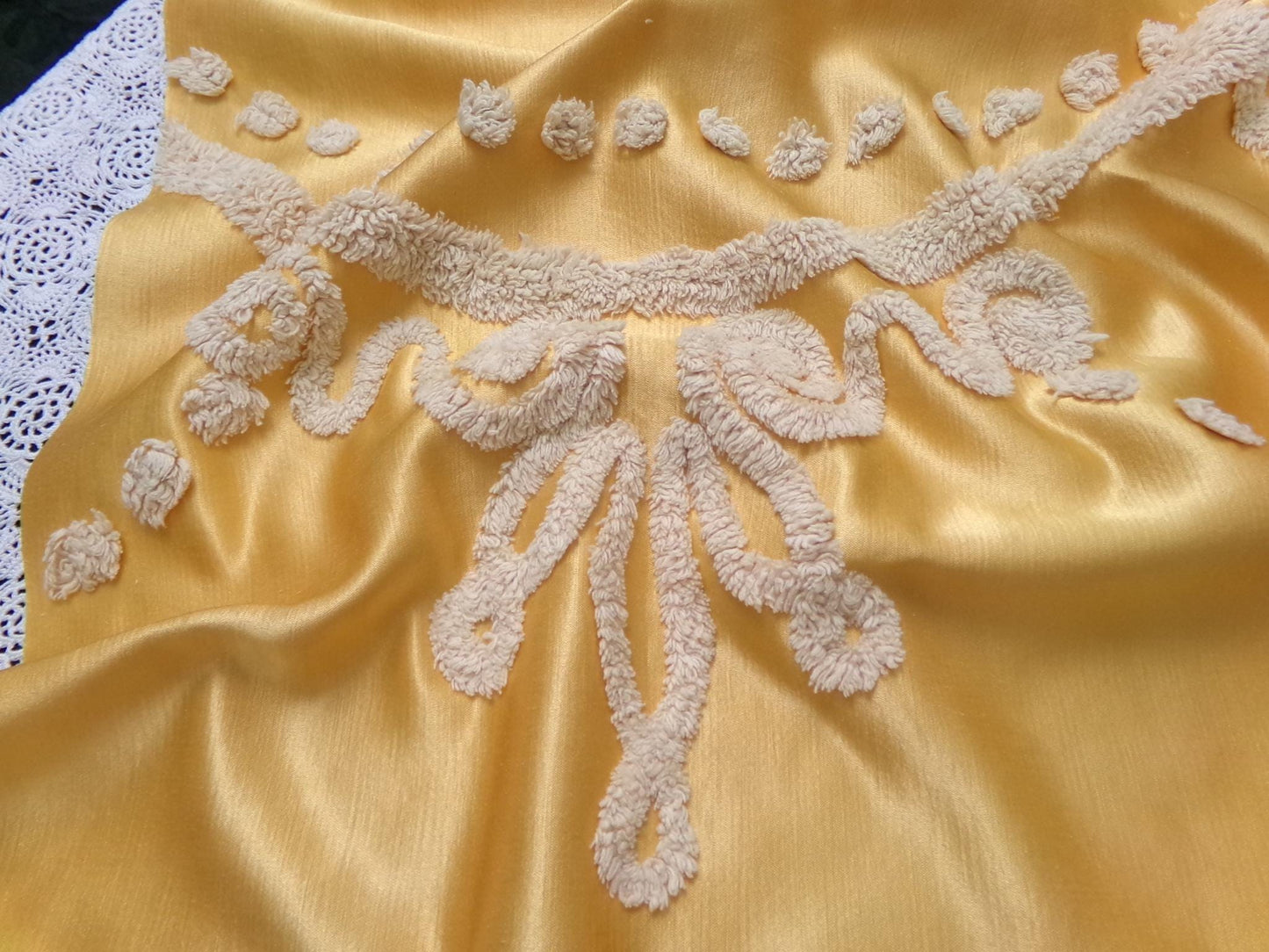 Vintage Gold Satin Chenille Tufted Fabric Swag Scroll Elegant Sewing Material 23x25"