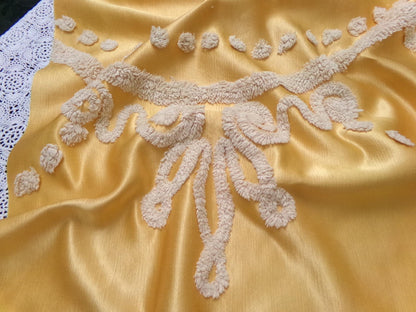 Vintage Gold Satin Chenille Tufted Fabric Swag Scroll Elegant Sewing Material 23x25"