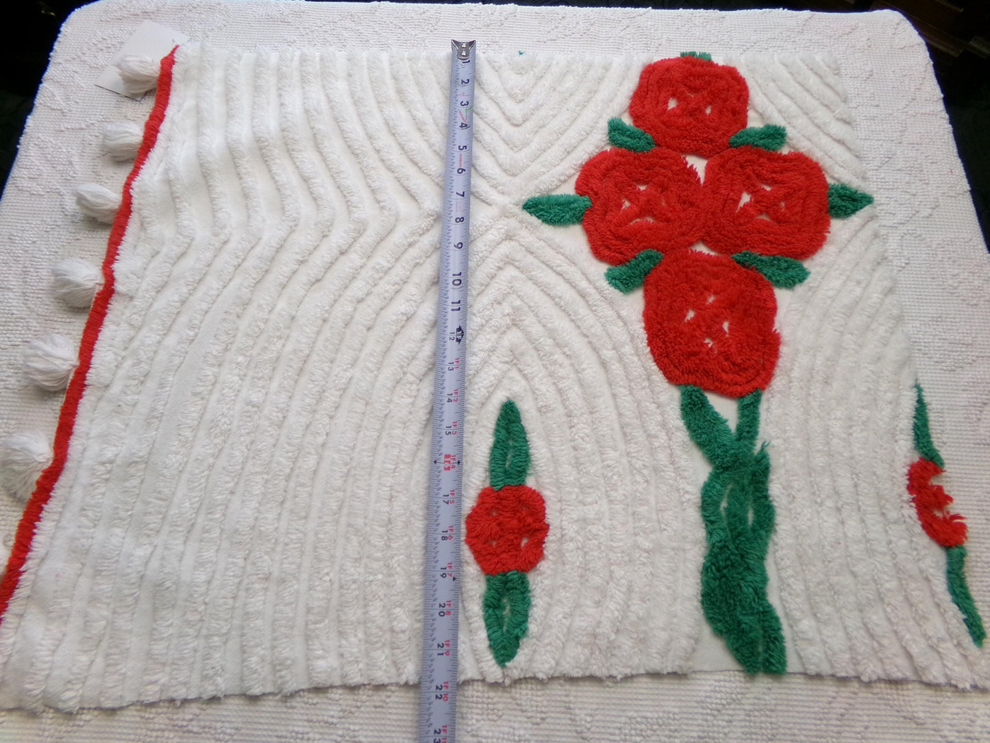red cabbage rose vintage chenille fabric: 20" x 24" piece w/ white tufts & pom pom trim