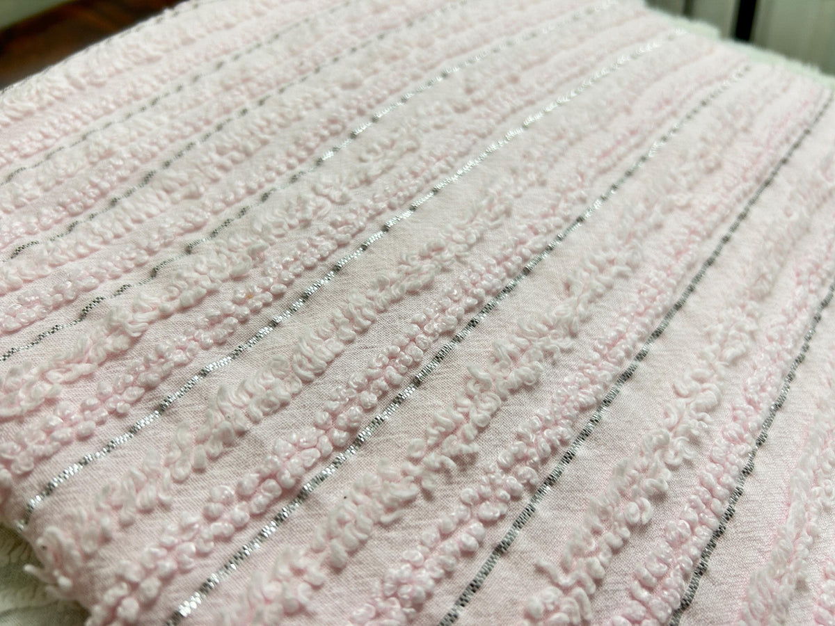 Light Pink Vintage Chenille Fabric, Silver Shimmer Stripes, 22x24"
