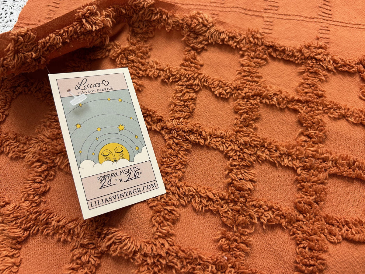 nutmeg pumpkin spice chenille fabric, 20" x 26" boho vintage style tufted squares