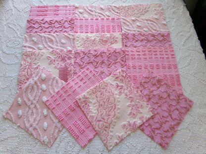 pixie princess velvet & chenille fabric squares, set of 16 pink vintage 6" quilt blocks for crafting, quilt inlays, pillows, fiber arts