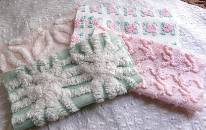 Chenille Squares Set, "Flower Petals," 16 Vintage Fabric Quilt Blocks, 6" inch in White Daisy, Pink Rosebud, Mint Green, Squiggles