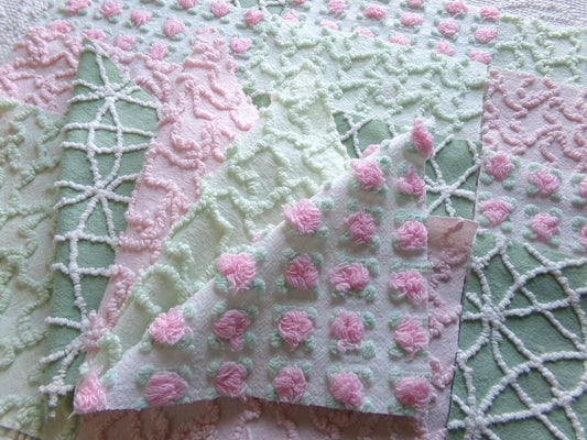 fairy garden chenille fabric squares, set of 16 vintage pink & green quilt blocks 6" ea, rosebud, squiggles for crafts, quilting