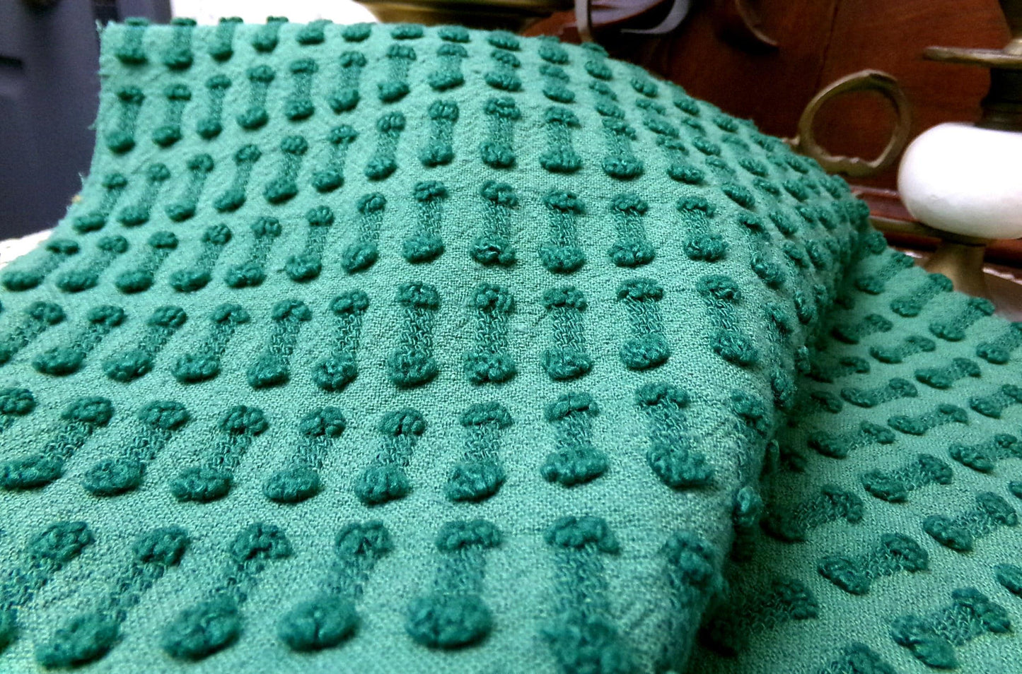 Vintage Green Chenille Fabric Textured Evergreen Cotton Quilting Crafts Upcycle Boho 18" x 24"