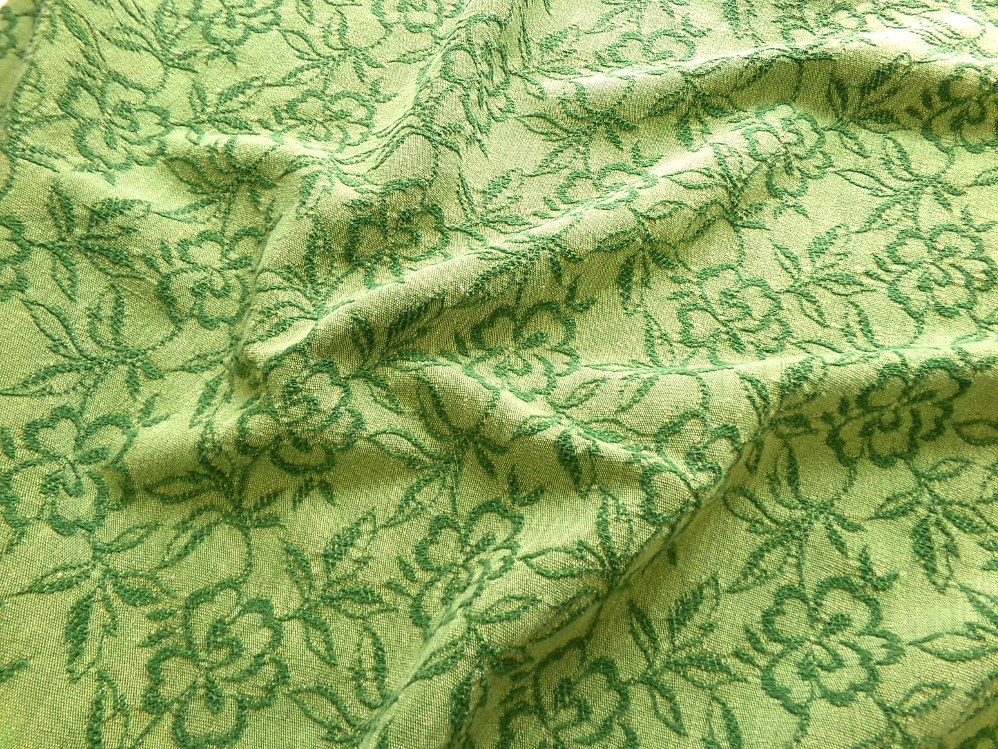 grecian green rose vintage woven fabric, gothic floral design w/ scallop fringe trim edge, 19" x 24" cut piece great for small bags