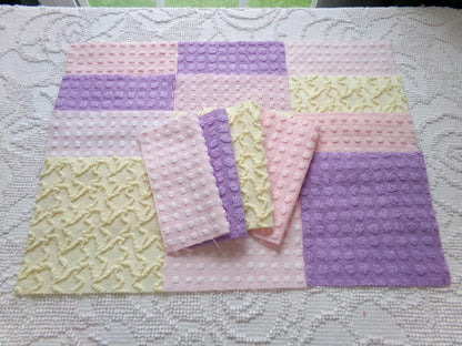 fairy magic 6" vintage chenille fabric squares, set of 16 pink, yellow & lavender quilt blocks for quilting, sewing, crafts
