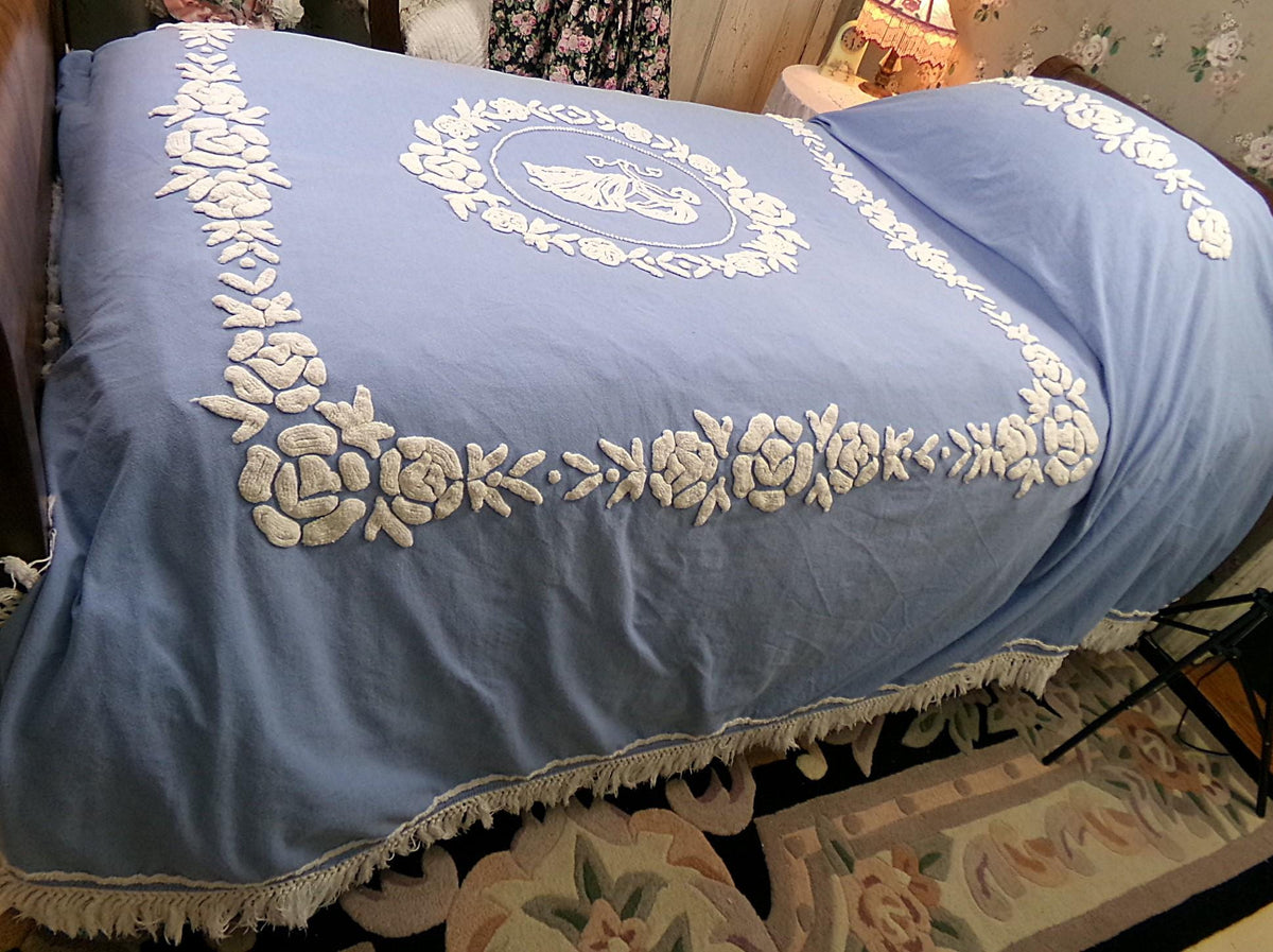 Angel Vintage Chenille Bedspread, Grecian Goddess Figure, Wedgwood Blue & White FULL