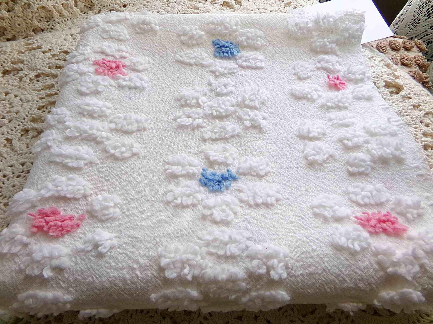 Vintage Style Chenille Fabric, Y2K Daisy, White, Pink & Blue, 22x26" Piece