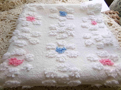 Vintage Style Chenille Fabric, Y2K Daisy, White, Pink & Blue, 22x26" Piece
