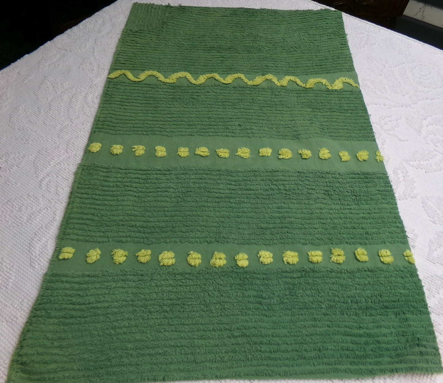 Goblin Green Vintage Chenille Bedspread Fabric Piece | Sewing Quilt Material 17" x 25"