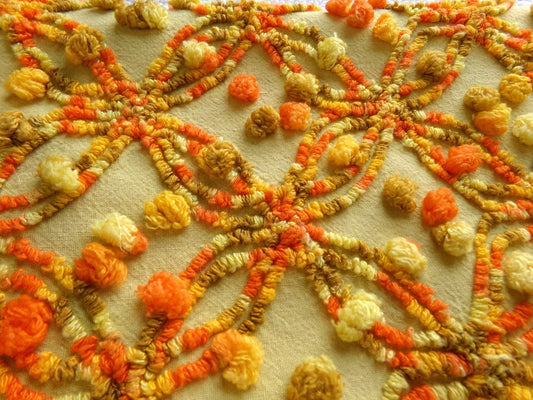 confetti magic vintage chenille fabric, wild boho wedding ring design, 20" x 24" cut piece of multicolor hippie sewing craft quilt material