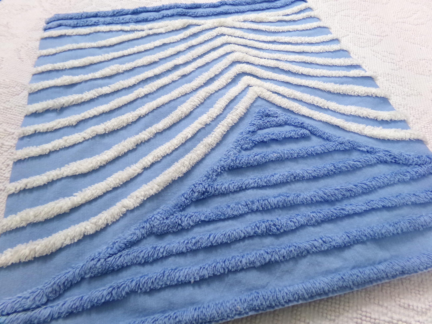 Vintage Chenille Fabric Piece, White Waves on Blue, 18" x 33" Sewing Material