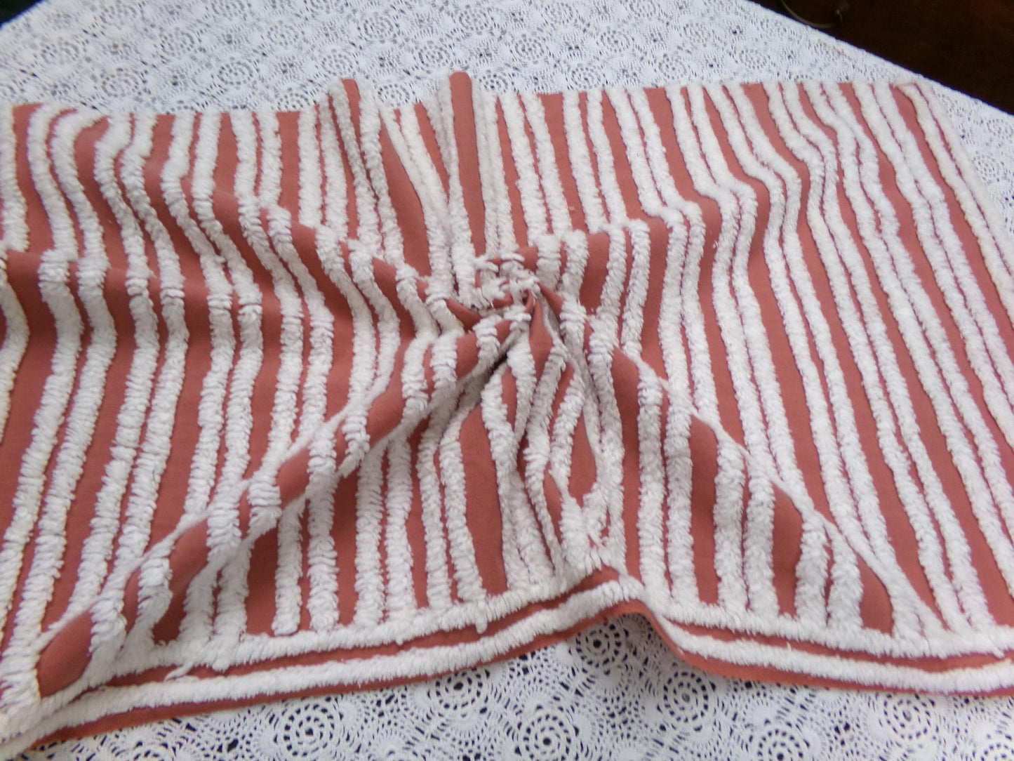 White Stripe Vintage Chenille Bedspread Fabric Terracotta Clay 16.5 x 27" Piece