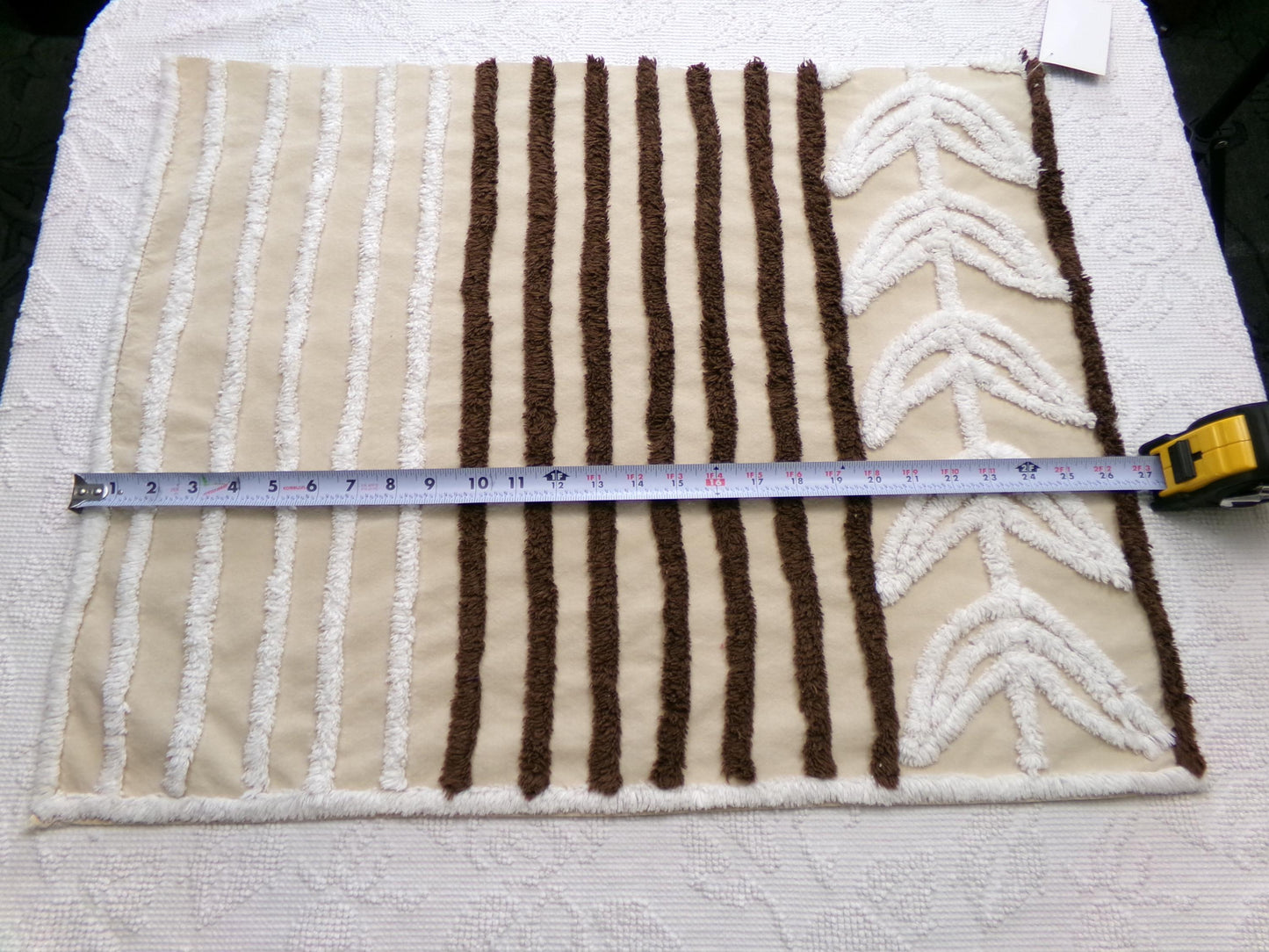 mocha leaf stripe vintage chenille fabric: contrast brown & white striped design, 20" x 24" sewing material for quilting, crafts