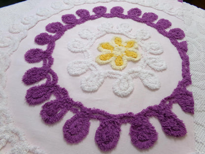 solitary daisy vintage chenille bedspread fabric, shabby light pink quilt material, 18" x 24"