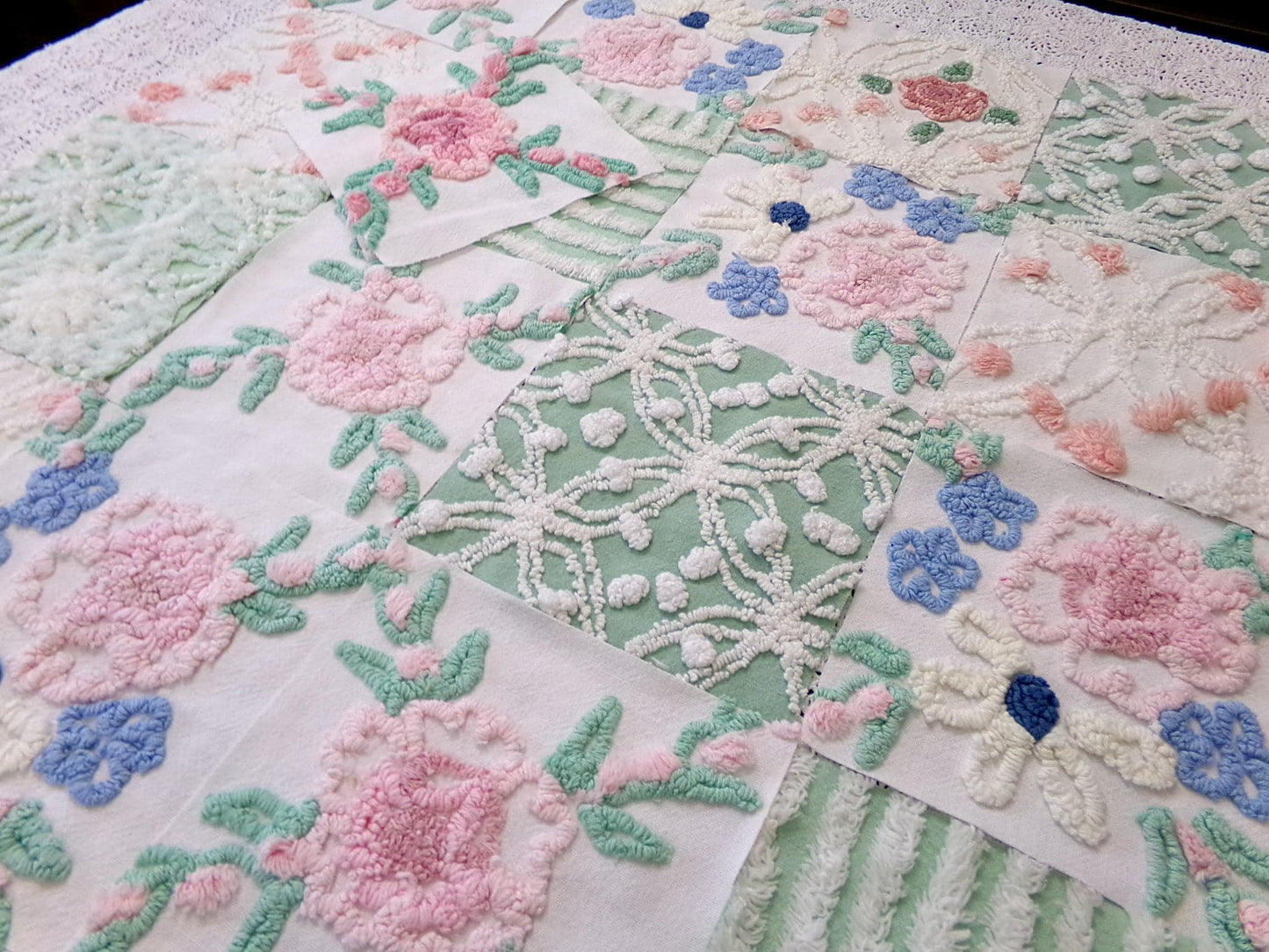 Floral Vintage Chenille Quilt Squares, Flower Medley 6" Fabric Blocks, Set of 17 for Quilting & Crafts